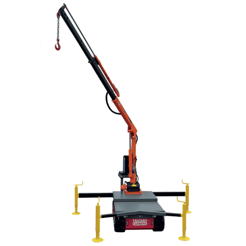 A compact mobile crane with an extended arm and hook, mounted on a wheeled base with four yellow stabilizing outriggers.